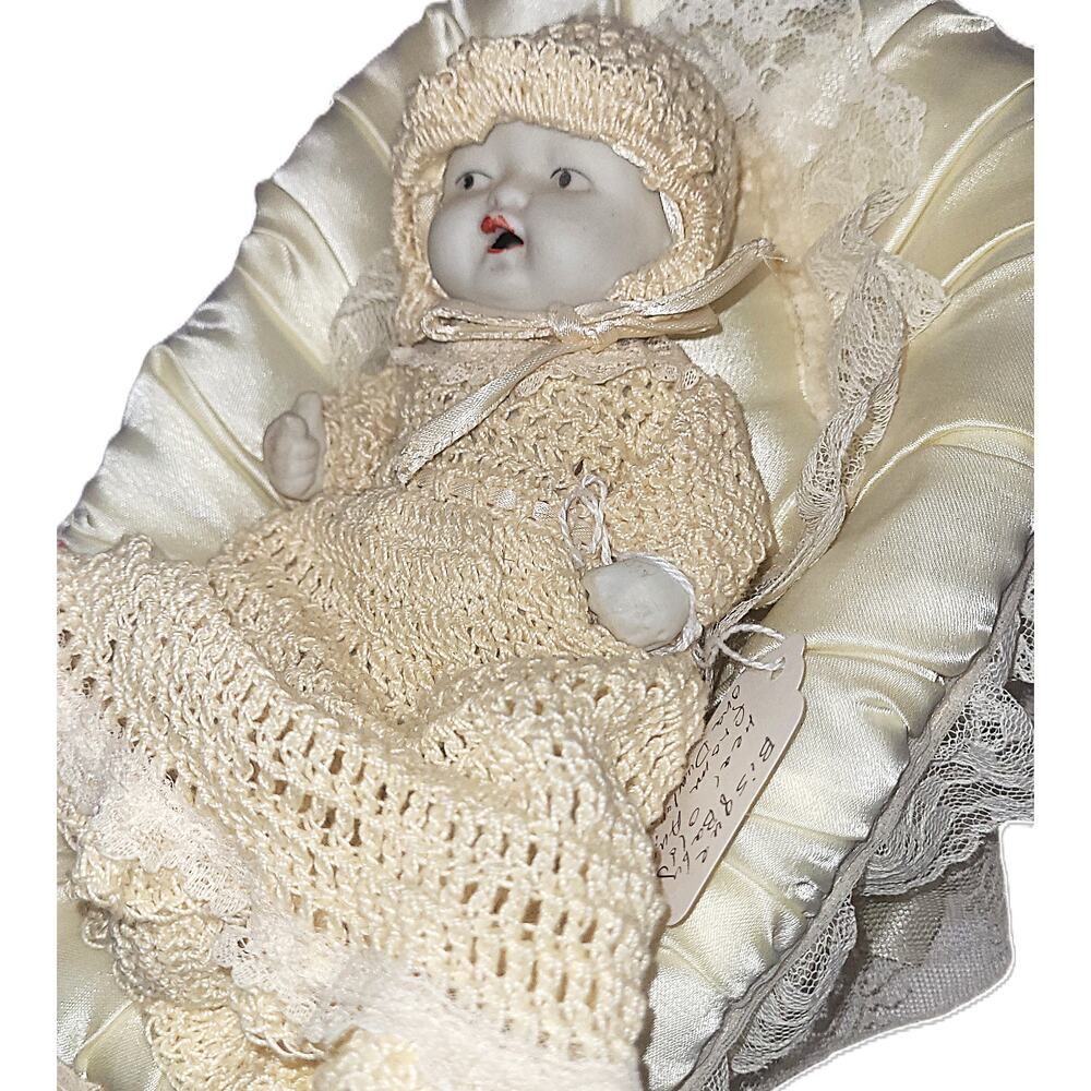 6" Old Antique #9 Baby Bisque Jointed Doll in Beautiful Crocheted With Nice Bed